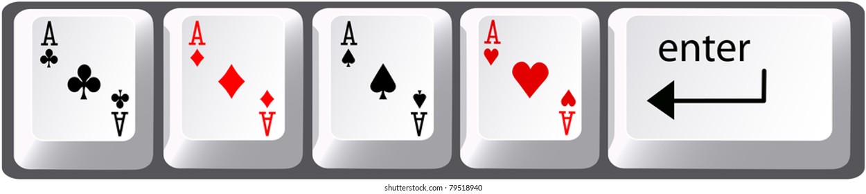 Four aces poker hand card symbols on computer keyboard keys