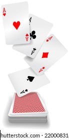 Four aces poker hand fly up from red back playing cards deck