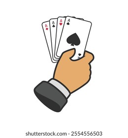 Four aces poker hand. Hand holding four aces on white  background. Concept of Gambling entertainment business or decorative poster.