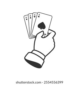 Four aces poker hand icon. Hand holding four aces on white  background. 