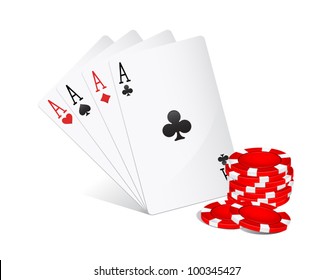 Four aces and red poker chips on white background