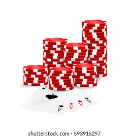 Four Aces and red poker chips stack isolated on white background. vector illustration