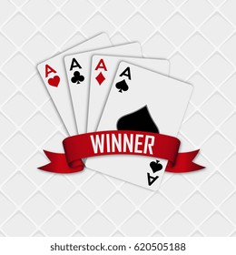 Four aces with a red ribbon on a white background with a strict pattern. Vector illustration.
