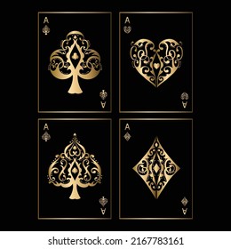 Four aces. Set of vector playing card. Gold ornaments on black background