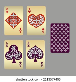 Four aces. Set of vector suits for playing cards and back design from floral elements. Vintage stylized illustrations