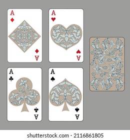 Four aces. Set of vector suits for playing cards and back design from floral elements. Vintage stylized illustrations