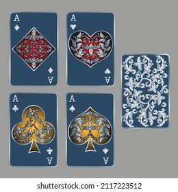 Four aces. Set of vector suits for playing cards and back design from floral elements. Vintage stylized illustrations