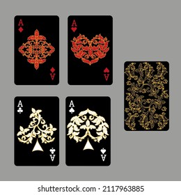 Four aces. Set of vector suits for playing cards and back design from floral elements. Vintage stylized illustrations