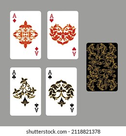Four aces. Set of vector suits for playing cards and back design from floral elements. Vintage stylized illustrations