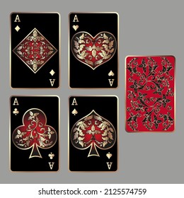 Four aces. Set of vector suits for playing cards and back design from floral elements. Vintage stylized illustrations