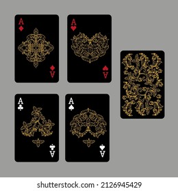 Four aces. Set of vector suits for playing cards and back design from floral elements. Vintage stylized illustrations
