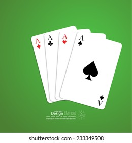 Four aces with shadow on a green background. Vector. Playing cards