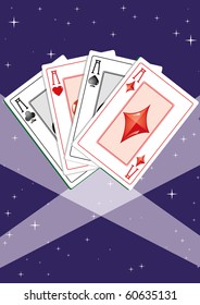 Four aces in the spotlight on the starry sky, vector illustration