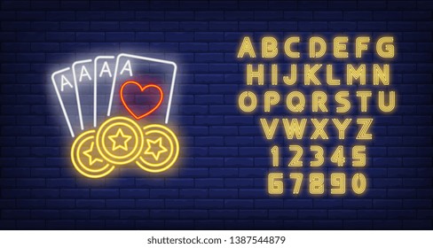 Four aces and star casino chips neon sign. Gambling and poker club design. Night bright neon sign, colorful billboard, light banner. Vector illustration in neon style.
