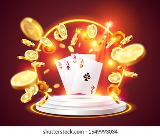 The four aces, surrounded by a luminous frame and attributes of gambling, on the podium, on a explosion coins background. The new, best design of the luck banner, for gambling, casino