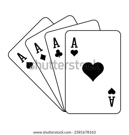 Four aces vector icon. Winner hand in poker with aces of hearts, spades, clubs, and diamonds. Playing cards design. Black silhouette isolated on white background.