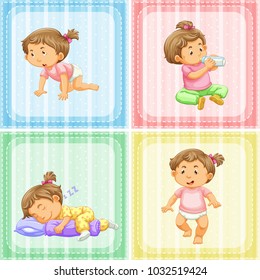 Four actions of little girl illustration