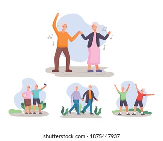 four active seniors couples practicing activities characters vector illustration design