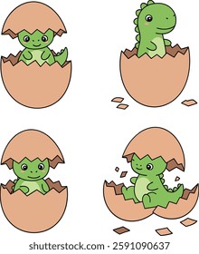 Four adorable baby dinosaurs emerge from cracked eggshells, showcasing playful expressions and a cheerful atmosphere.