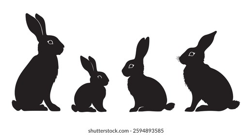 Four adorable black rabbit silhouettes sitting together isolated on white background pet art cute