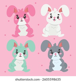 Four adorable cartoon bunnies in pink, white, mint, and gray on a pink background with scattered dots. Cute and colorful vector illustration perfect for children's designs, stickers, and Easter themes