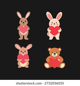 Four adorable cartoon characters, including three bunnies and a teddy bear, all holding big red hearts, presented as a cute set isolated on a black background, perfect for Valentines Day.