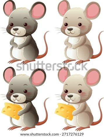 Four adorable cartoon mice, two holding cheese, in a bright, playful vector art style