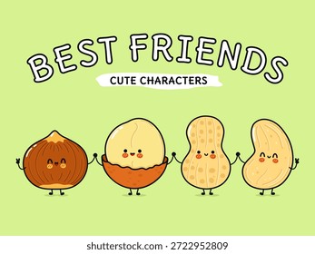 Four adorable cartoon nut characters, including a hazelnut, macadamia, peanut, and cashew, stand together holding hands, representing concepts of friendship, teamwork, and healthy snacks