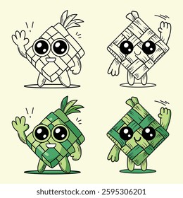 Four adorable characters crafted from green and beige woven leaves are smiling and waving cheerfully. Each has a unique expression, adding charm to the engaging design.