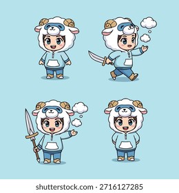 Cuatro adorables personajes chibi vestidos con mullidos trajes de oveja, algunos sosteniendo armas como una espada y una lanza, con burbujas de pensamiento.