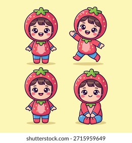 Four adorable chibi-style characters dressed as strawberries, in various poses, with a plain yellow background.