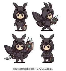 Quatro adoráveis personagens mariposas em estilo chibi vestidas com roupas de capuz escuro, alguns segurando livros mágicos e uma adaga.
