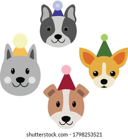 Four adorable dogs wearing different hats. A cute and playful illustration of pets in funny headgear, perfect for children's products, holiday cards, and pet-themed designs.