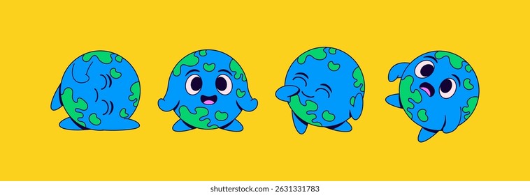 Quatro adoráveis personagens do globo mostrando expressões felizes, tímidas, alegres e surpresas. Estilo divertido desenhado à mão para projetos eco-friendly ou Dia da Terra