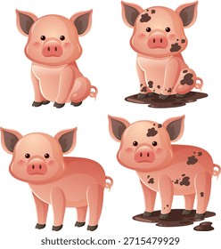 Quatro leitões adoráveis em estilo de desenho animado vetorial, alguns limpos, alguns lamacentos, sobre fundo branco