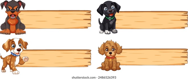 Four adorable puppies with blank wooden signs