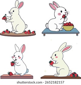 Four adorable white bunnies enjoying fresh strawberries in a cartoon style, set against a clean white background.
