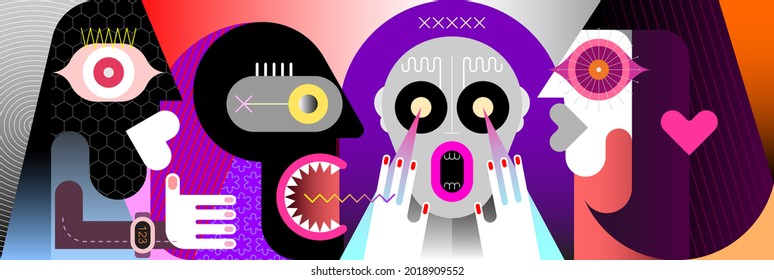 Four adult people have a heated discussion. Modern art vector illustration.	