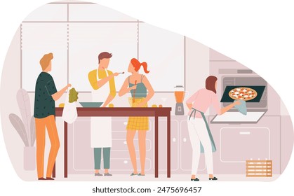 Four adults cooking kitchen teamwork. Friends preparing meal together home. Casual attire, pizza oven, chopping healthy food