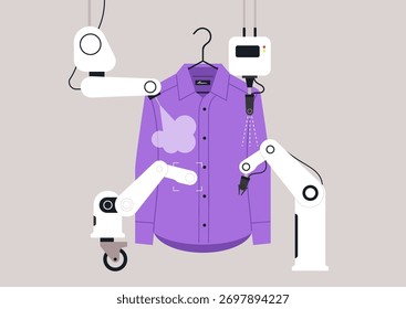 Quatro robôs avançados meticulosamente limpos e cuidados com uma camisa colorida, demonstrando o futuro dos serviços de lavandaria em um ambiente contemporâneo, combinando eficiência com precisão.