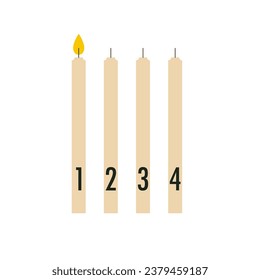 Four Advent candles with numbers. One candle lit for first Sunday before Christmas. Advent season vector illustration. Flat trendy abstract style, isolated. Scandinavian design.