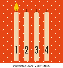 Four advent candles. One candle lit for the first Sunday before Christmas. Advent season vector illustration. Xmas elements and symbols. Flat trendy abstract style. Greeting card, banner, poster.