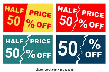 Four advertisements leaflets, flyers, sale sticker with advertising offer. 