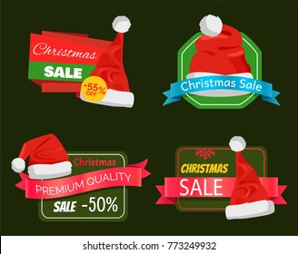 Four advertising posters with pretty red hats vector illustration with Christmas caps and promotion text, bright ribbons, white buboes, color patterns