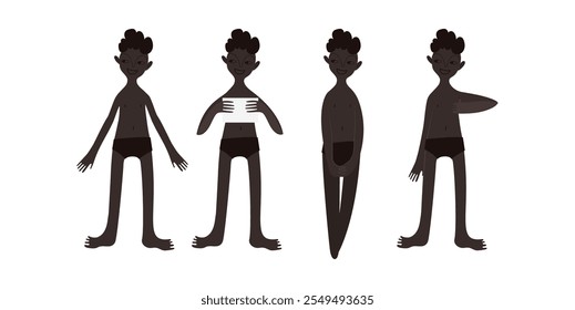 Four African boys in swimsuits. Calm standing poses: thumbs up, piece of paper in hands. Brown skin tone and dark hair. Vector illustration in flat style.