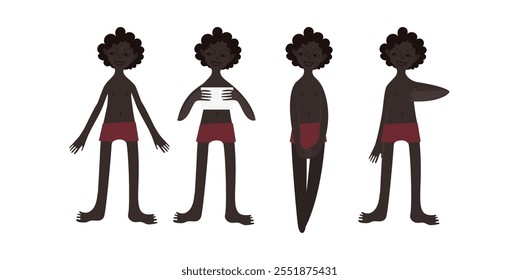 Four African boys in swimsuits. Calm standing poses: thumbs up, piece of paper in hands. Brown skin tone and dark hair. Vector illustration in flat style