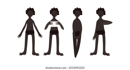 Four African boys in swimsuits. Calm standing poses: thumbs up, piece of paper in hands. Brown skin tone and dark hair. Vector illustration in flat style