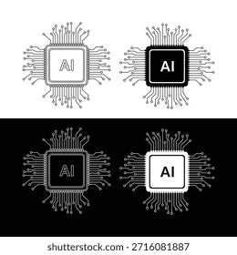 Cuatro iconos de estilo de arte y línea de Vector de silueta de microchip AI aislados en fondos blancos y negros. Diseño de icono de silueta de circuito de tecnología de chip AI.