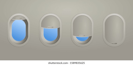 Four aircraft windows showing the blinds opened to different levels from wide open to completely closed viewed from inside the cabin of the plane, vector illustration