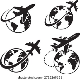 Cuatro siluetas de globo aerostático que representan el viaje global aislado en fondo transparente